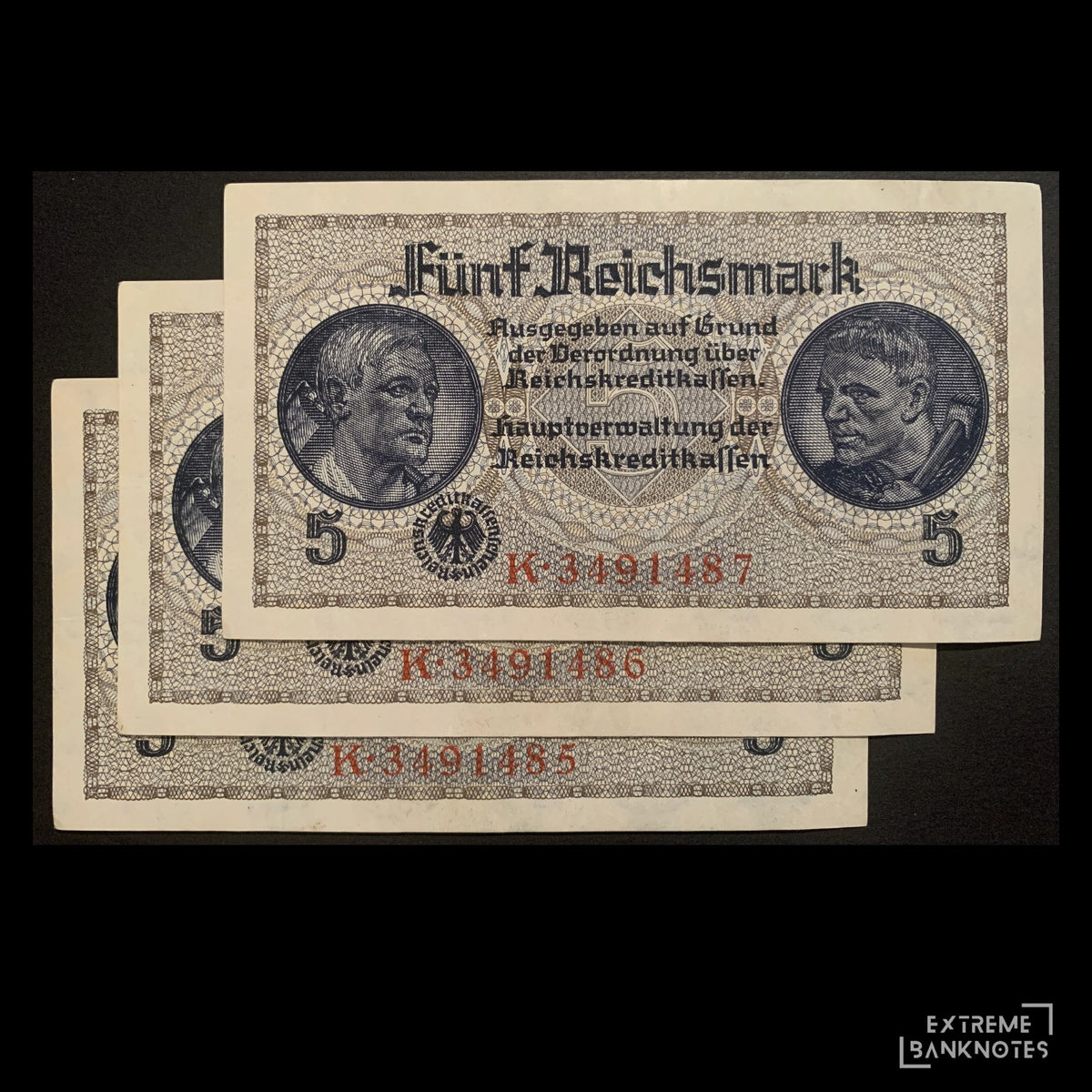 Germany 5 Reichsmark ND (1940-45) P-R138a XF-AUNC consecutive banknotes