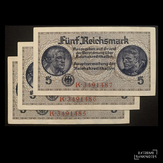 Germany 5 Reichsmark ND (1940-45) P-R138a XF-AUNC consecutive banknotes