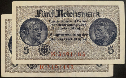Germany 5 Reichsmark ND (1940-45) P-R138b XF-AUNC consecutive banknote pair