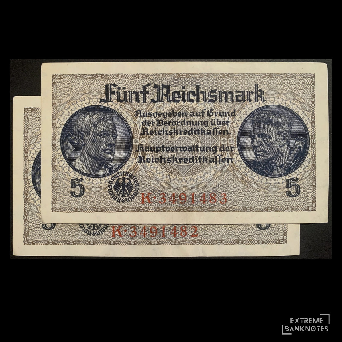 Germany 5 Reichsmark ND (1940-45) P-R138b XF-AUNC consecutive banknote pair
