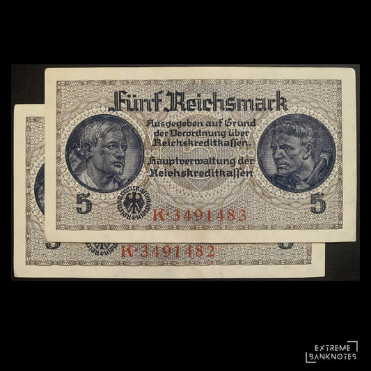 Germany 5 Reichsmark ND (1940-45) P-R138b XF-AUNC consecutive banknote pair