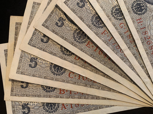 Germany 5 Reichsmark ND (1940-45) P-R138b PREFIX BUNDLE