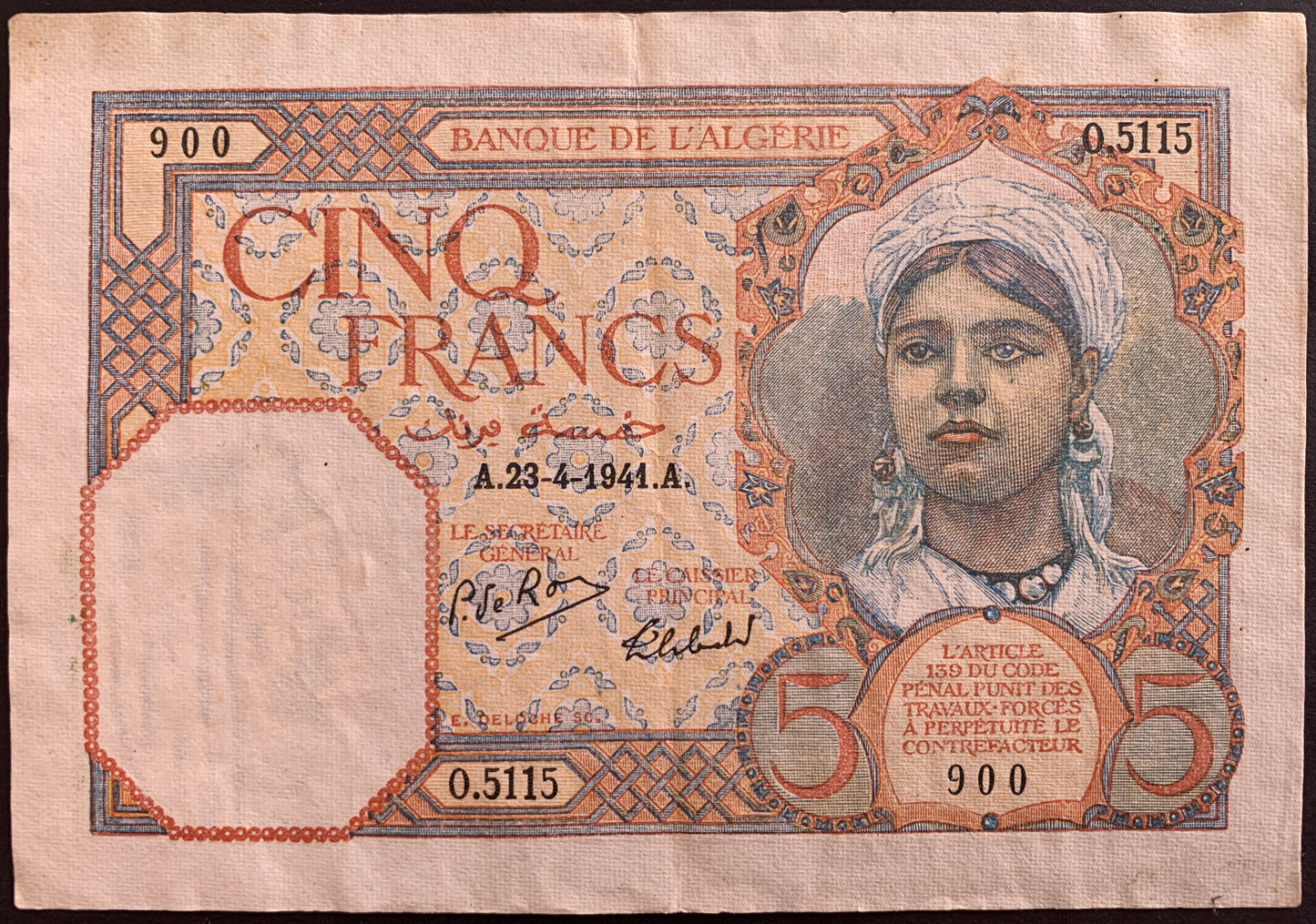 Algeria 5 Francs 1941 P-77b XF