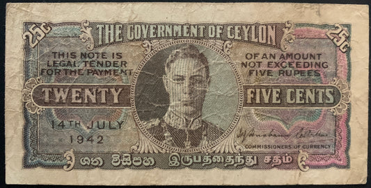 Ceylon 25 Cents 1942 P-44a F