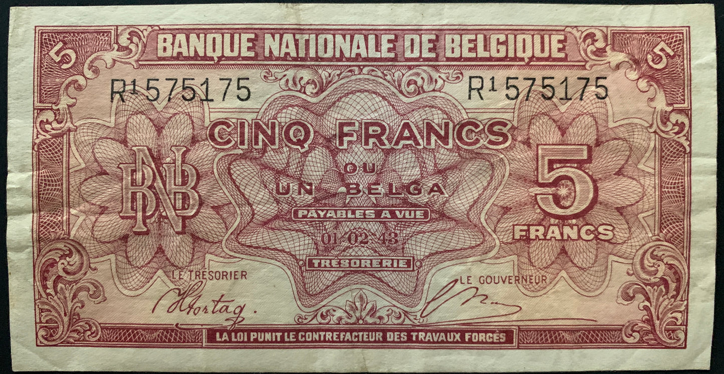Belgium 5 Francs / 1 Belga 1943 P-121 VF