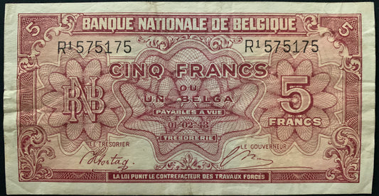 Belgium 5 Francs / 1 Belga 1943 P-121 VF
