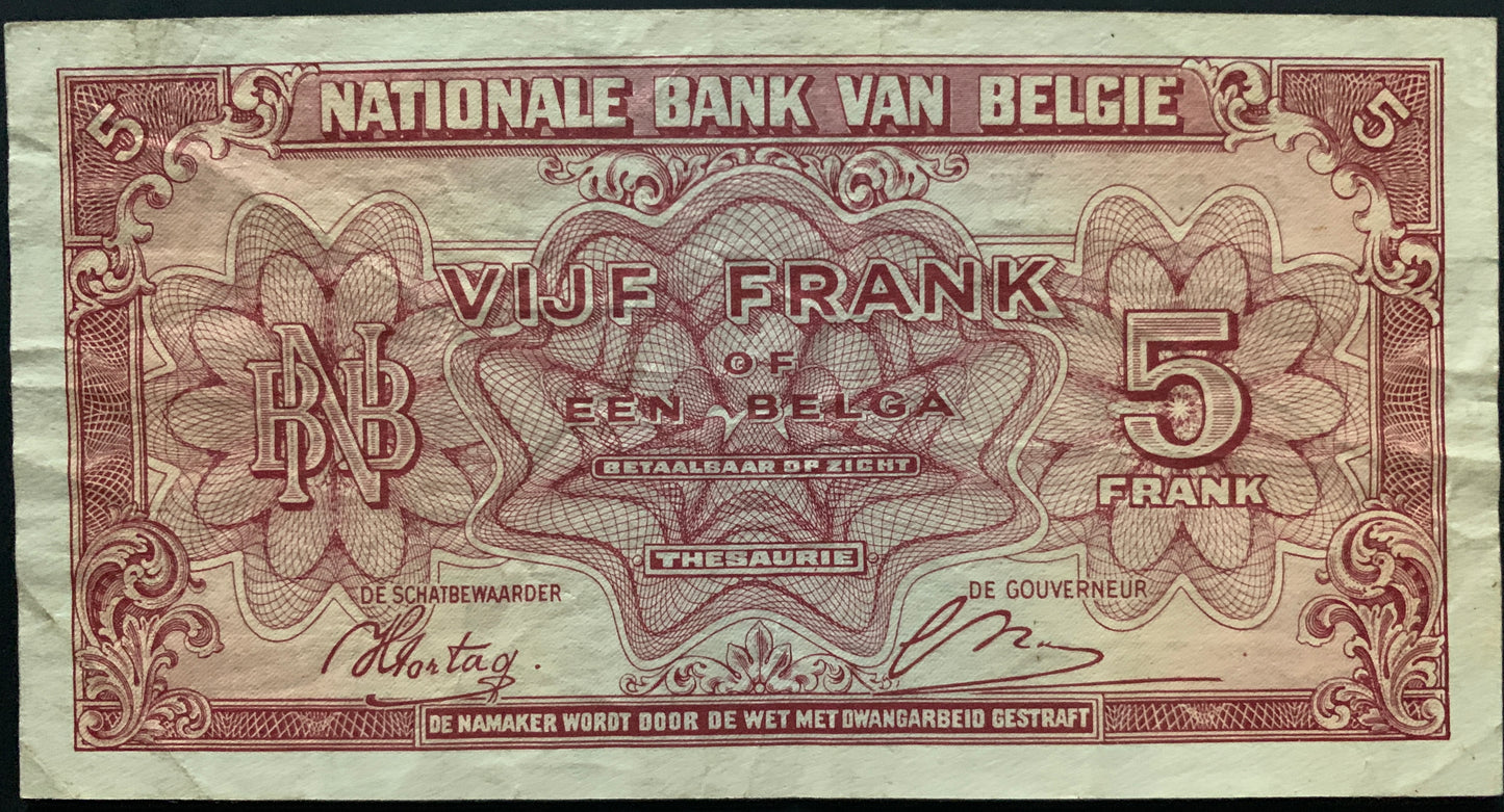 Belgium 5 Francs / 1 Belga 1943 P-121 VF