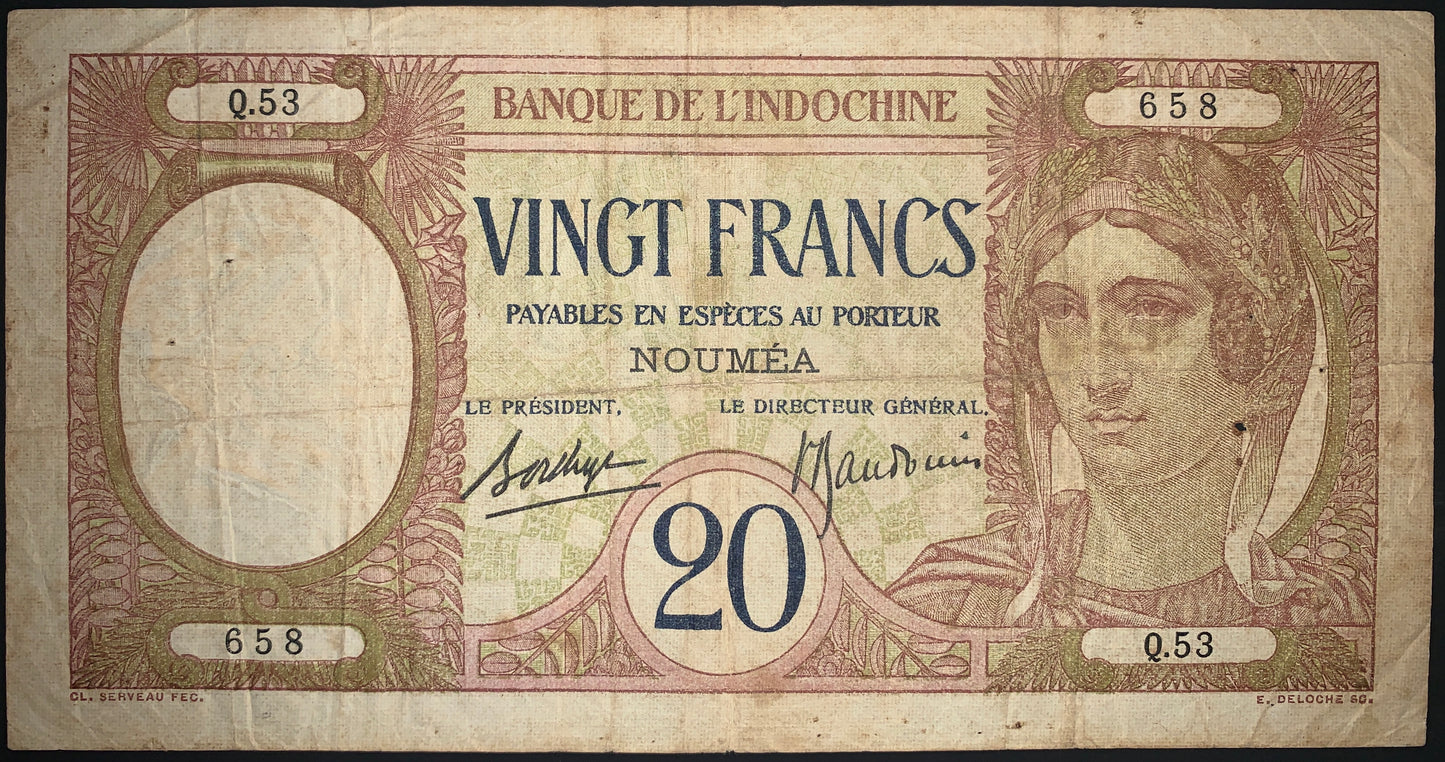 New Caledonia NOUMÉA 20 Francs ND (1929) P-37 F+