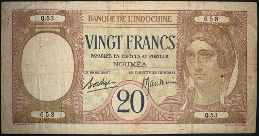 New Caledonia NOUMÉA 20 Francs ND (1929) P-37 F+