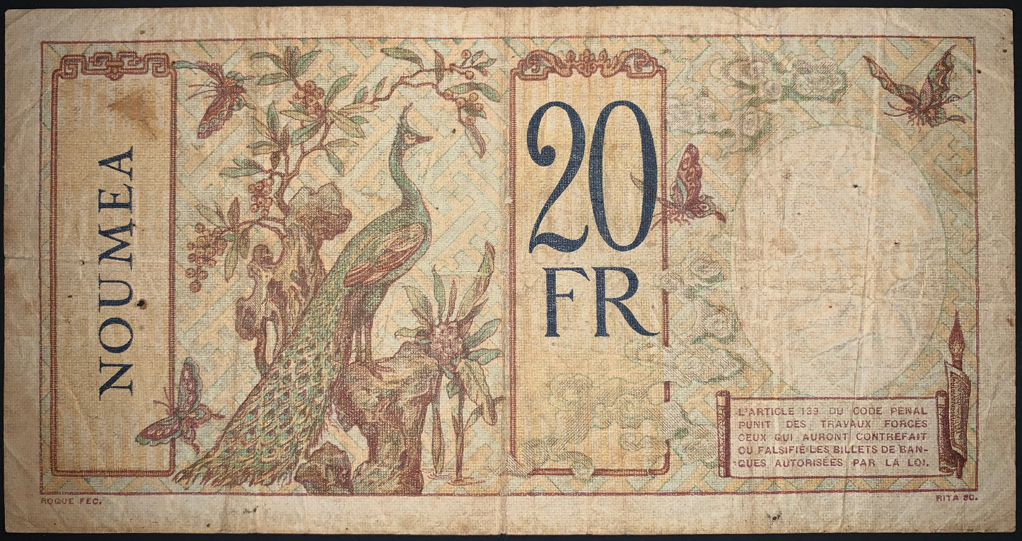 New Caledonia NOUMÉA 20 Francs ND (1929) P-37 F+