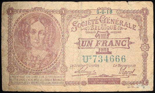 Belgium 1 Franc 1918 P-86b F