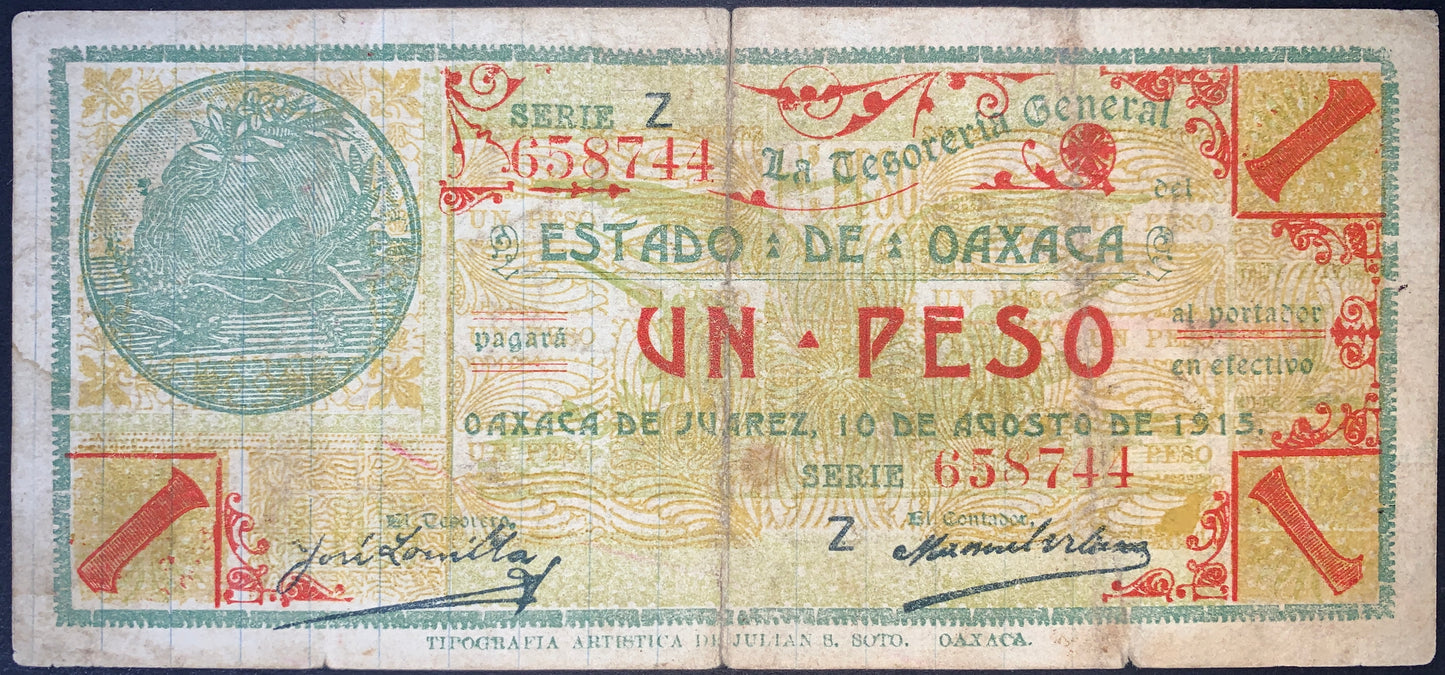 Zapotec Heritage Currency | Mexico, State of Oaxaca 1 Peso 1915 P-S953e VG