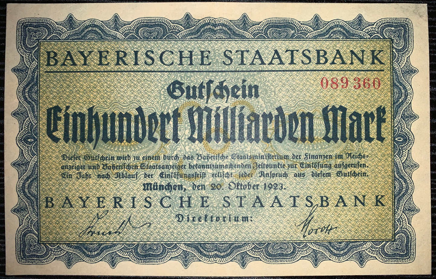 Weimar Hyperinflation Currency | Germany, Bavaria 100 Billion Mark 1923 XF