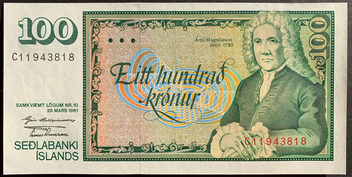 front of Iceland 100 Krónur ND (1981-1986) P-50 UNC collectible banknote with portrait of Árni Magnússon