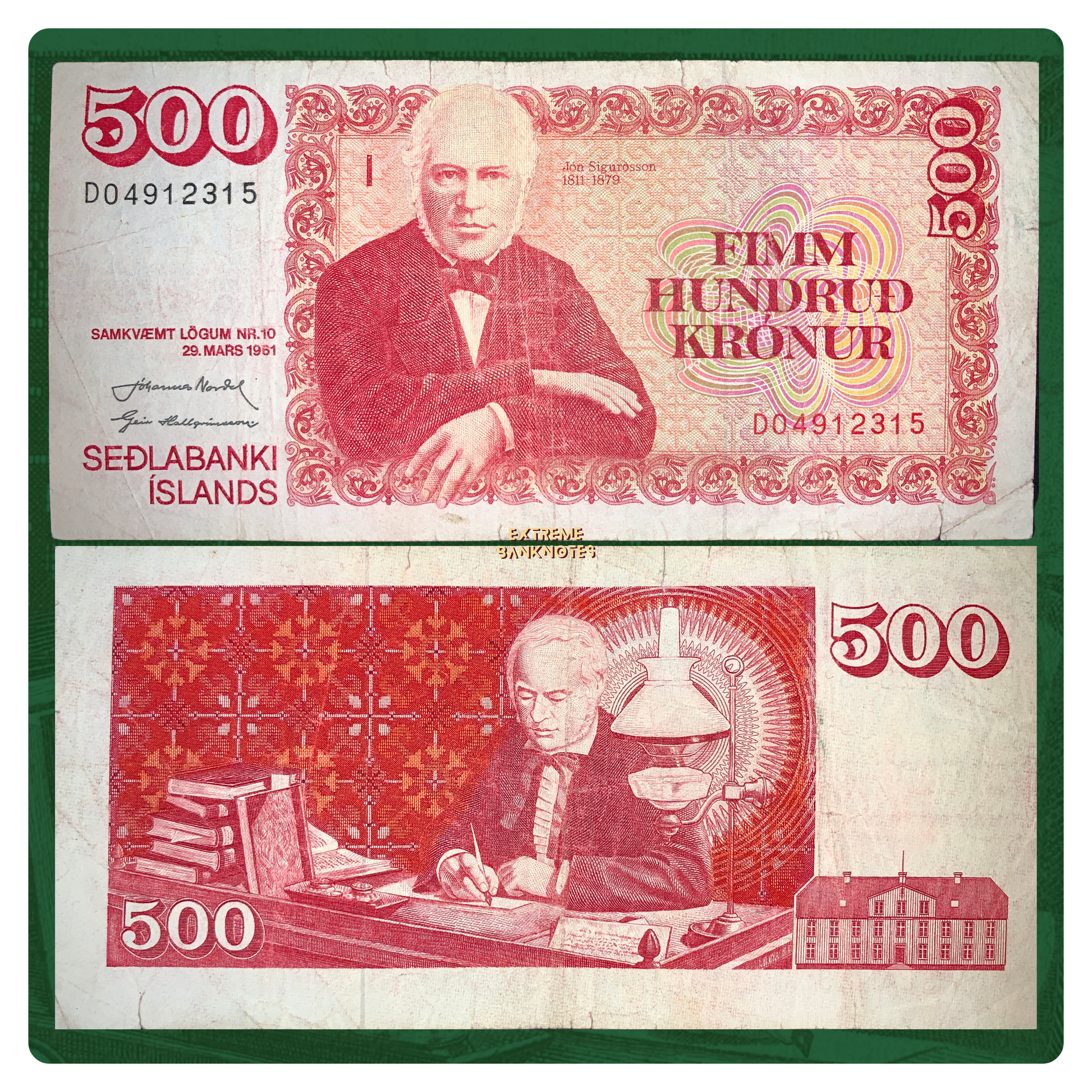 front and back of Iceland 500 Kronur 1961 P-51 F collectible vintage banknote