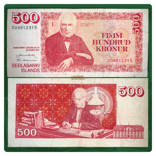 front and back of Iceland 500 Kronur 1961 P-51 F collectible vintage banknote