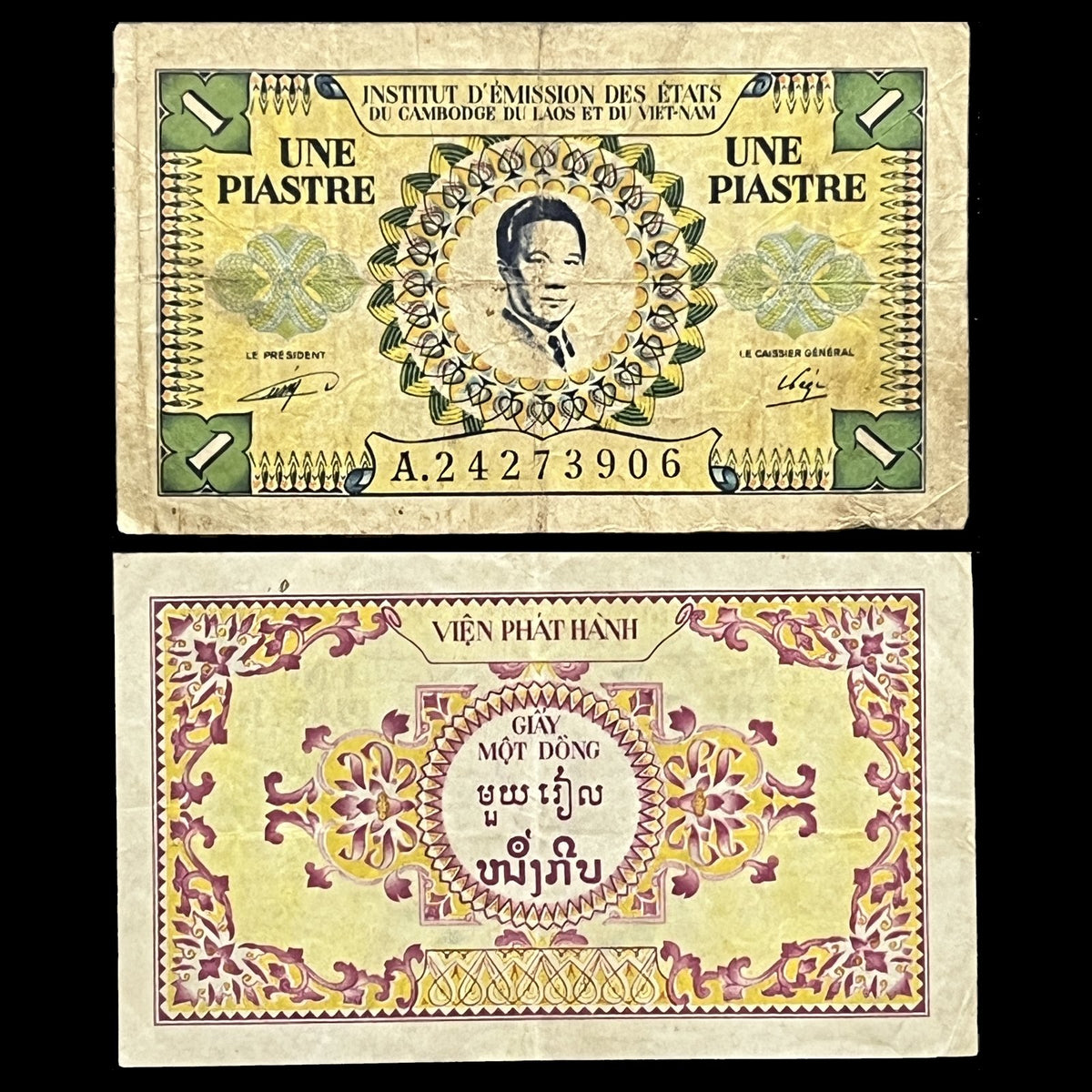 Indochina 1 Piastre ND (1953) P-105 F banknote – front with portrait of Emperor Bảo Đại, back with floral design and values in Vietnamese, Khmer and Lao