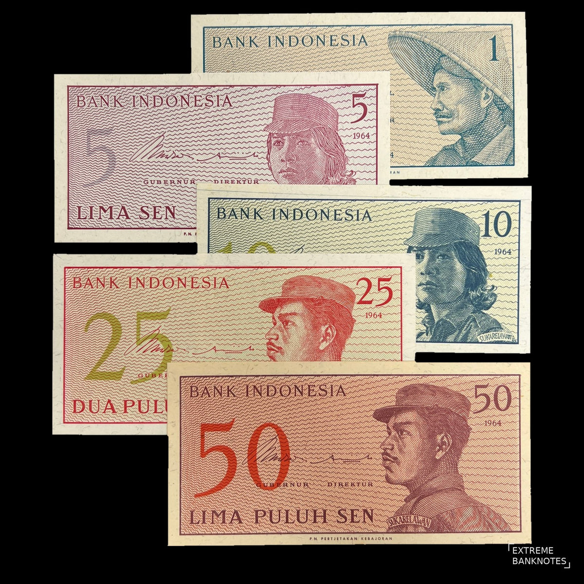 Indonesia 5 Banknote Set 1-50 Sen 1964 UNC – fronts of the 1, 5, 10, 25 and 50 Sen with a farmer and uniformed volunteers