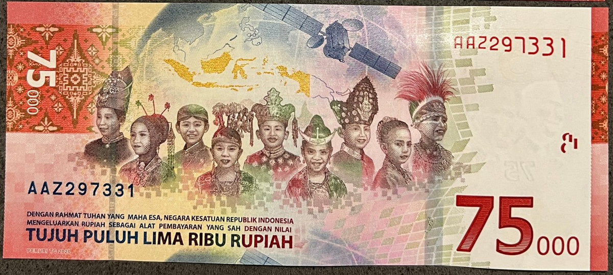 Back view of a 2020 Indonesia 75000 Rupiah banknote showing nine children in regional costume, a map of Indonesia and the Merah Putih satellite.