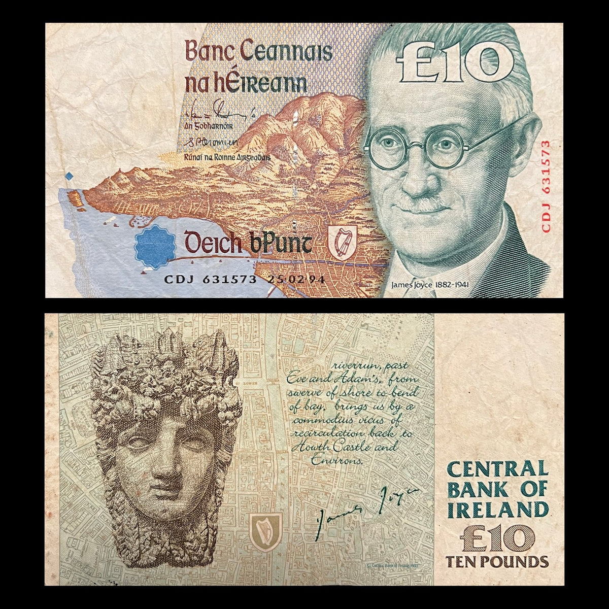 Ireland 10 Pounds 1994 P-76a VF banknote – front with James Joyce and Dublin Bay, back with Finnegans Wake text and the River Liffey head