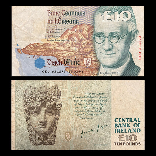 Ireland 10 Pounds 1994 P-76a VF banknote – front with James Joyce and Dublin Bay, back with Finnegans Wake text and the River Liffey head