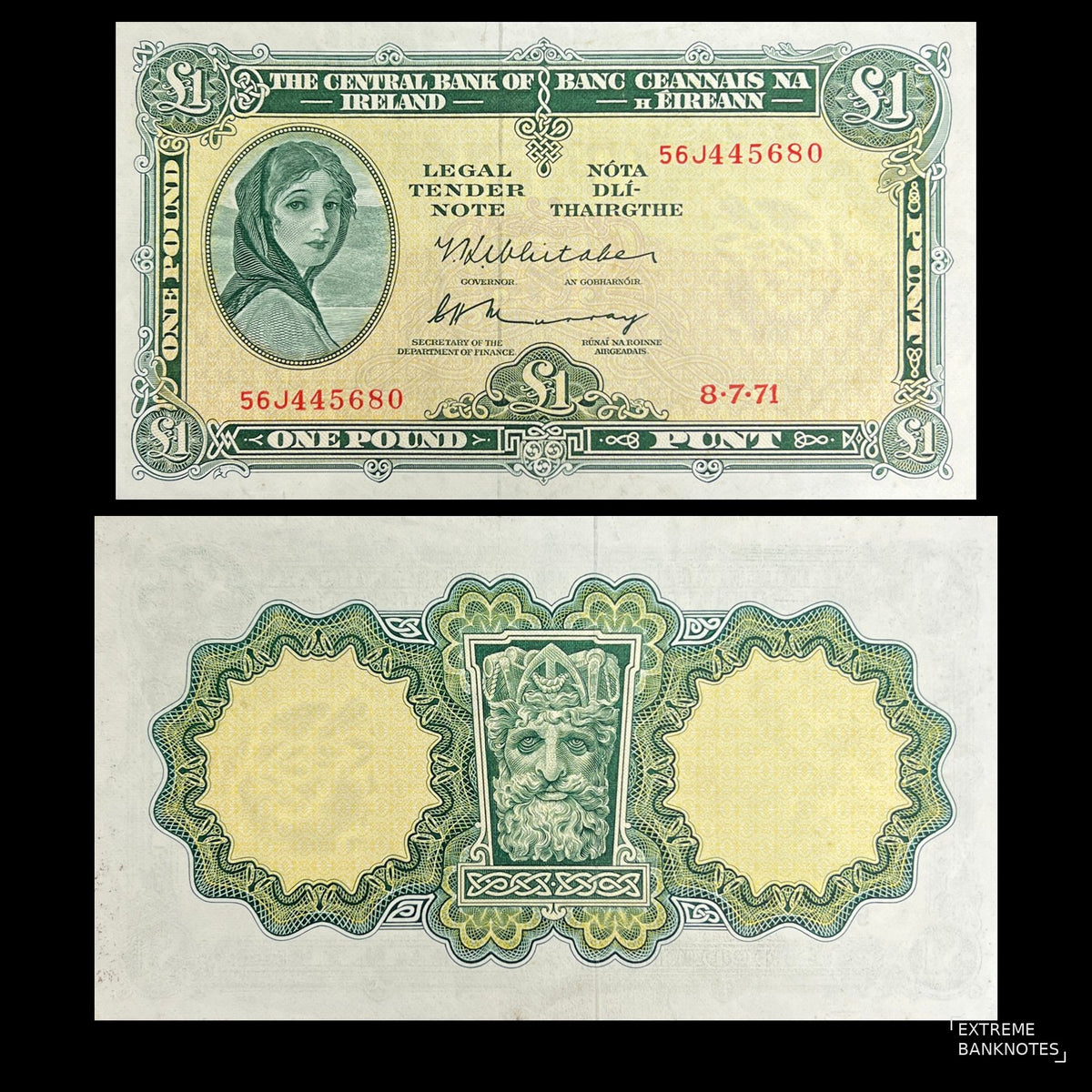Ireland 1 Pound 1971 P-64c VF banknote – front with Lady Lavery as Kathleen Ni Houlihan, back with the river-god head from the Dublin Custom House