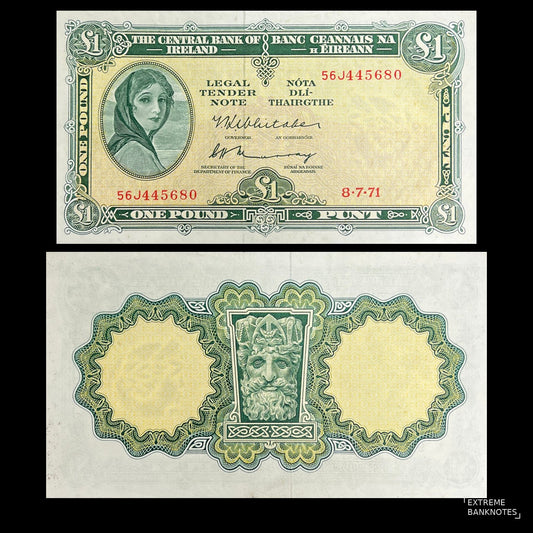 Ireland 1 Pound 1971 P-64c VF banknote – front with Lady Lavery as Kathleen Ni Houlihan, back with the river-god head from the Dublin Custom House