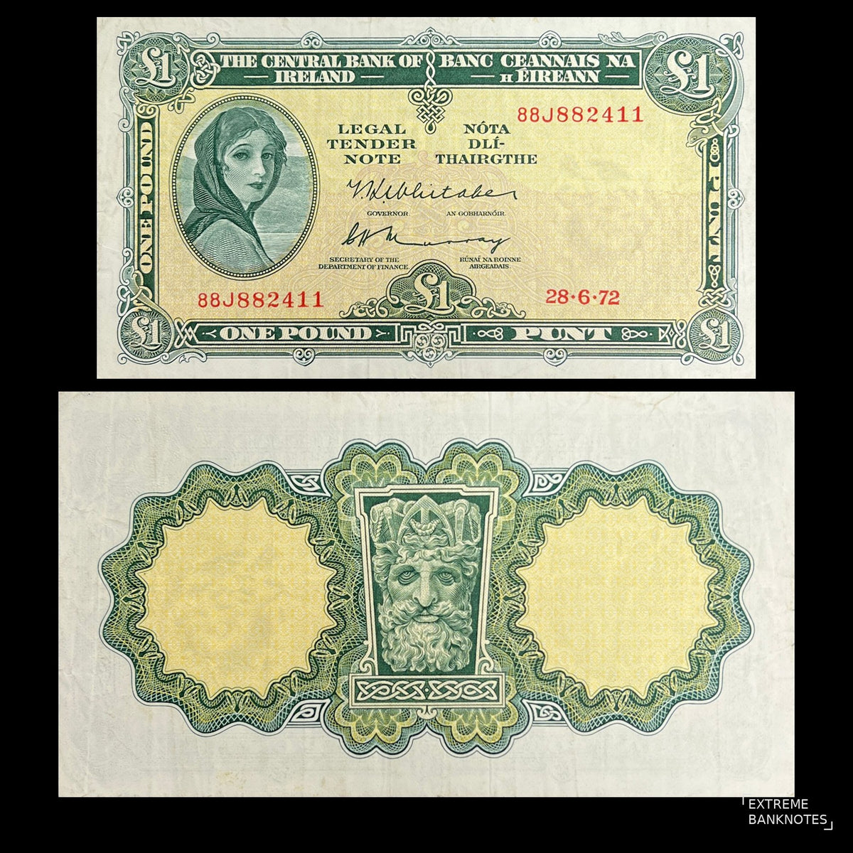 Ireland 1 Pound 1972 P-64c VF banknote – front with Lady Lavery as Kathleen Ni Houlihan, back with the river-god head from the Dublin Custom House