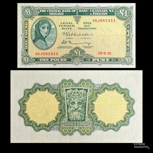 Ireland 1 Pound 1972 P-64c VF banknote – front with Lady Lavery as Kathleen Ni Houlihan, back with the river-god head from the Dublin Custom House