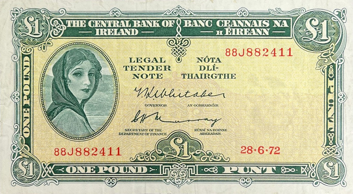 Front view of a very fine 1972 Ireland 1 Pound banknote featuring Lady Lavery as Kathleen Ni Houlihan with an Irish harp.