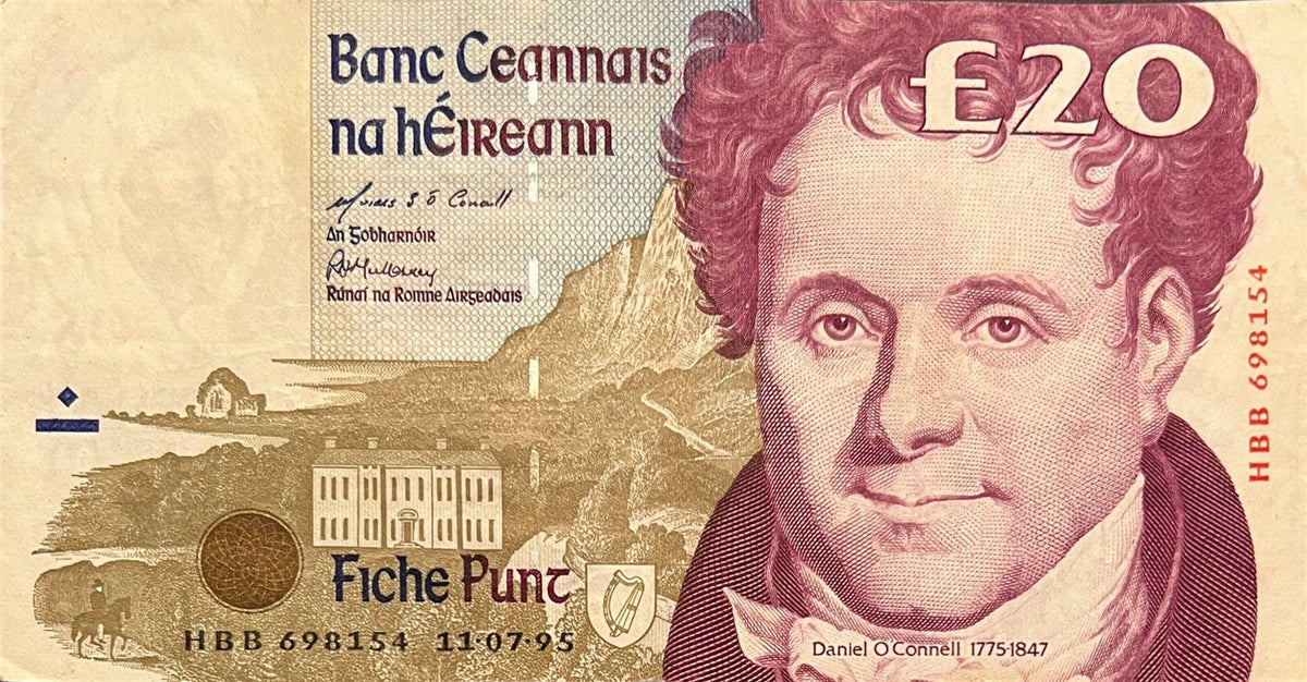 Front view of a very fine 1995 Ireland 20 Pounds banknote featuring Daniel O'Connell and Derrynane in County Kerry.