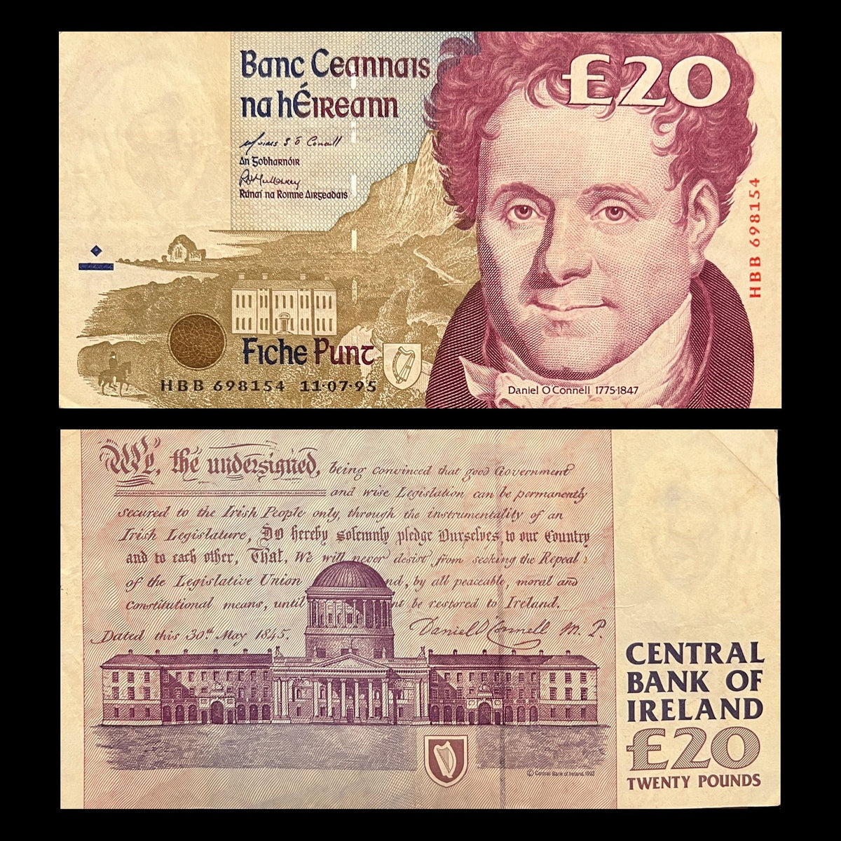 Ireland 20 Pounds 1995 P-77b VF banknote – front with Daniel O'Connell, back with the Four Courts and the 1845 Repeal pledge
