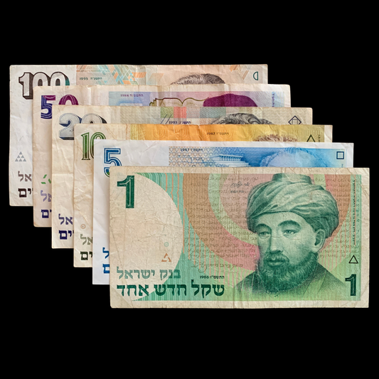 Israel New Sheqel Collectible Banknote Bundle (1, 5, 10, 20, 50 & 100 New Sheqalim 1986–1995) F-VF