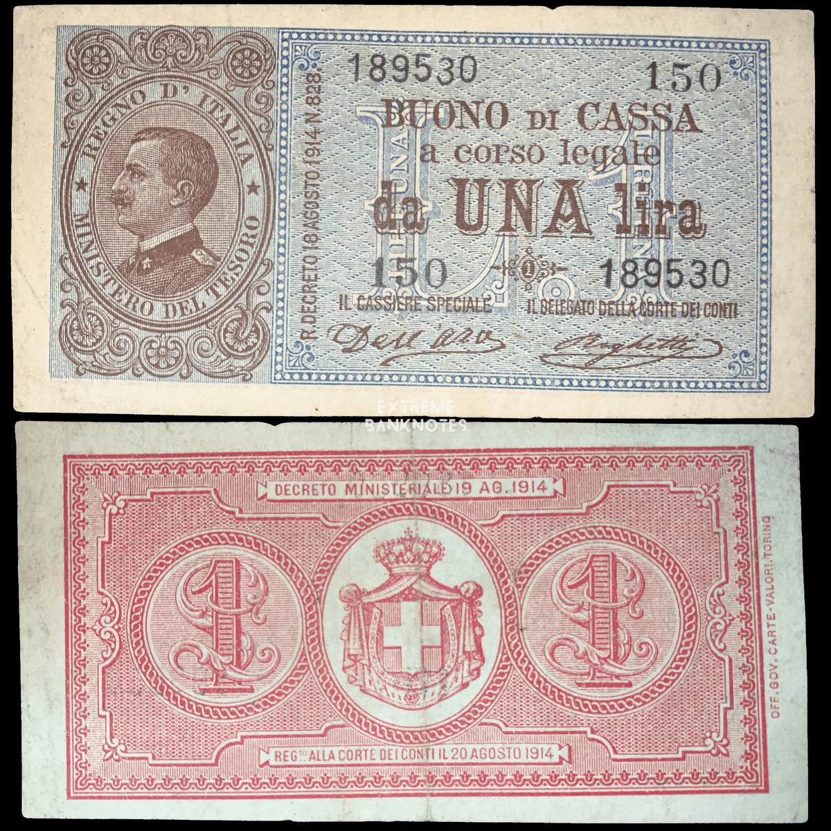 Italy 1 Lira 1914 banknote (Pick P-36) promotional image featuring the authentic note on a blue background with title text. The design highlights King Vittorio Emanuele III's portrait, detailed engraved artwork, and the historic Italian treasury note, ideal for collectors of vintage European banknotes.