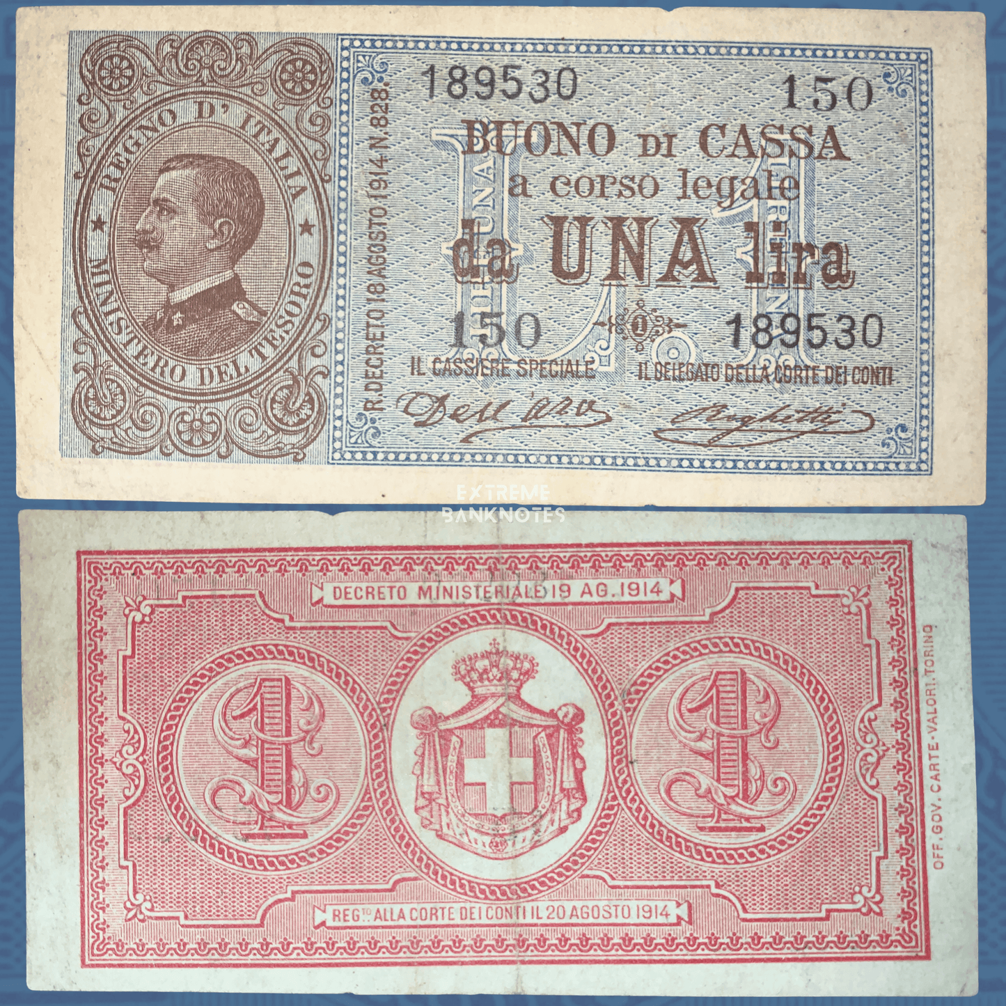 Italy 1 Lira 1914 banknote (Pick P-36) promotional image featuring the authentic note on a blue background with title text. The design highlights King Vittorio Emanuele III's portrait, detailed engraved artwork, and the historic Italian treasury note, ideal for collectors of vintage European banknotes.