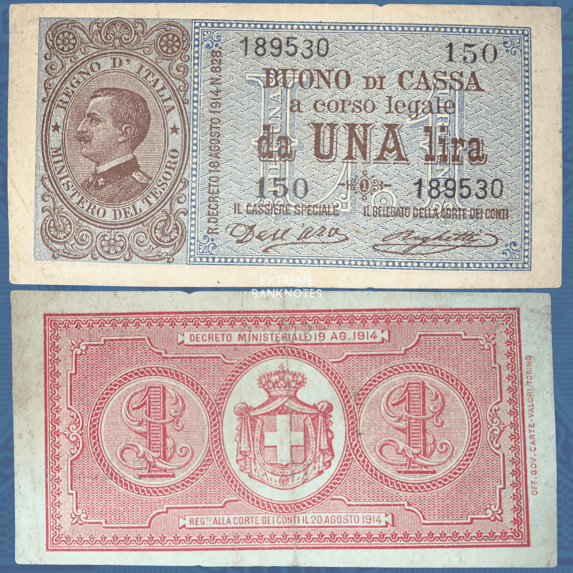 Italy 1 Lira 1914 banknote (Pick P-36) promotional image featuring the authentic note on a blue background with title text. The design highlights King Vittorio Emanuele III's portrait, detailed engraved artwork, and the historic Italian treasury note, ideal for collectors of vintage European banknotes.