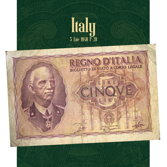 Italian five lire banknote with a green border and 'Italy' text at the top.