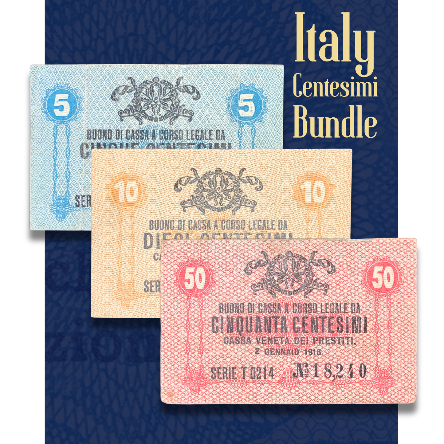 Three vintage Italian banknotes from different denominations on a blue background with 'Italy Centesimi Bundle' text.