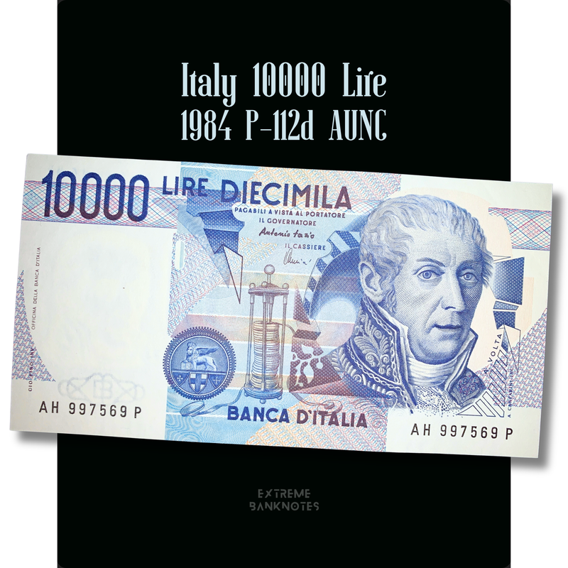 Italy 10,000 Lire 1984 P-112d AUNC authentic Italian banknote featuring Alessandro Volta, available from Extreme Banknotes.