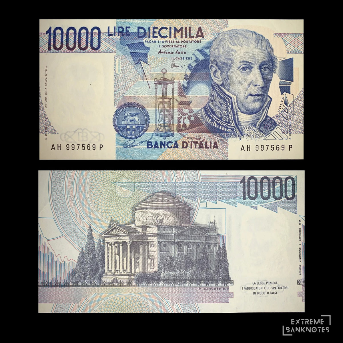 Italy 10,000 Lire 1984 P-112d AUNC authentic Italian banknote featuring Alessandro Volta, available from Extreme Banknotes.