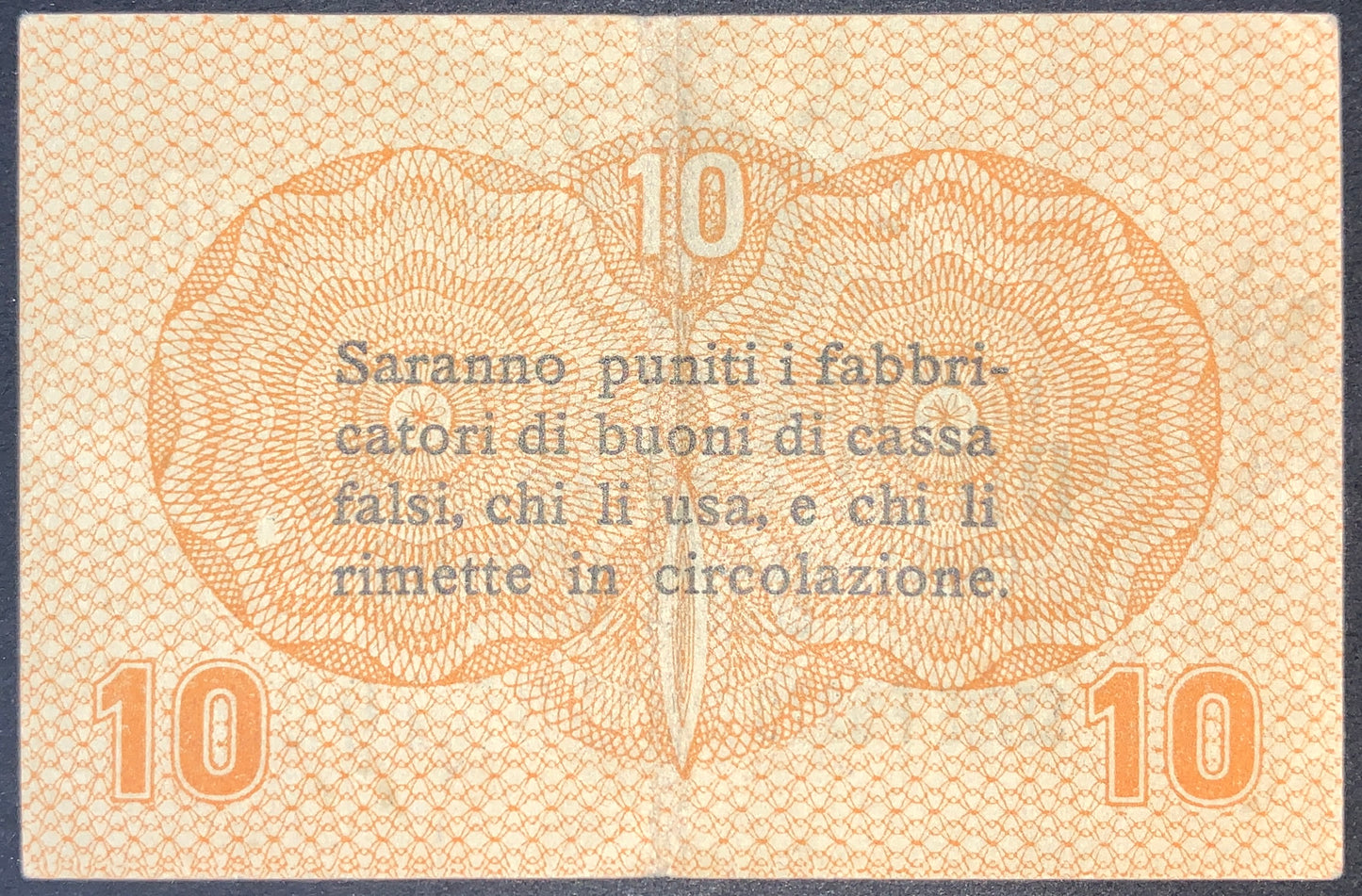 back of Italy 10 Centesimi 1918 P-M2 collectible vintahe european small yellow banknote