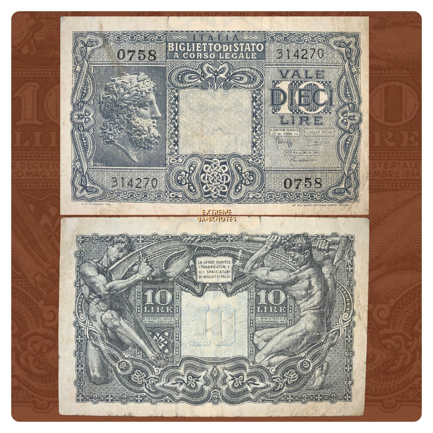 front and back of Italy 10 Lire 1944 P-32c F collectible vintage banknote