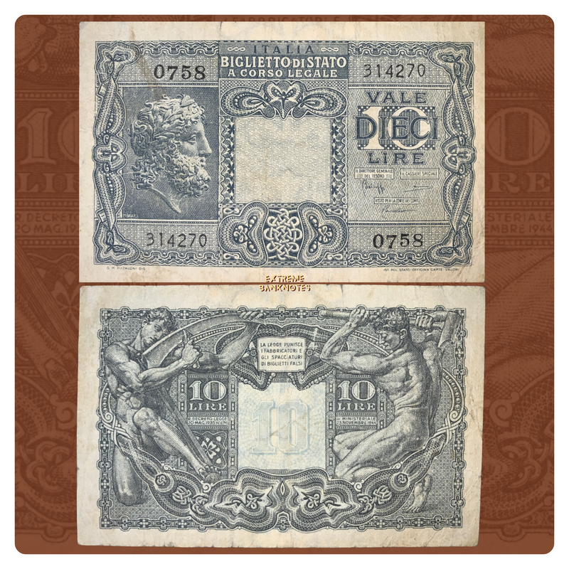front and back of Italy 10 Lire 1944 P-32c F collectible vintage banknote