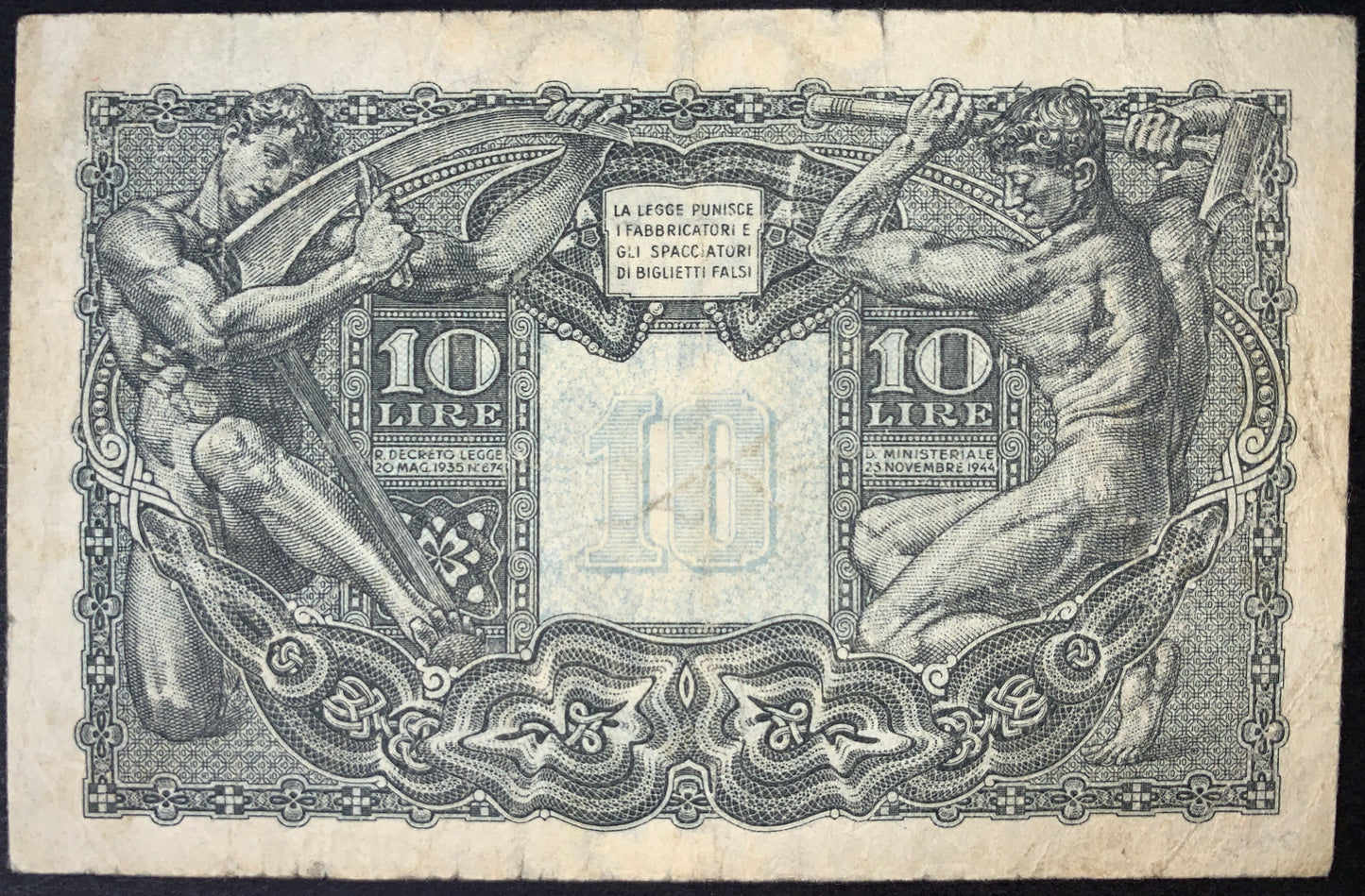 back of Italy 10 Lire 1944 P-32c F collectible vintage banknote with male figures representing Agriculture and Industry