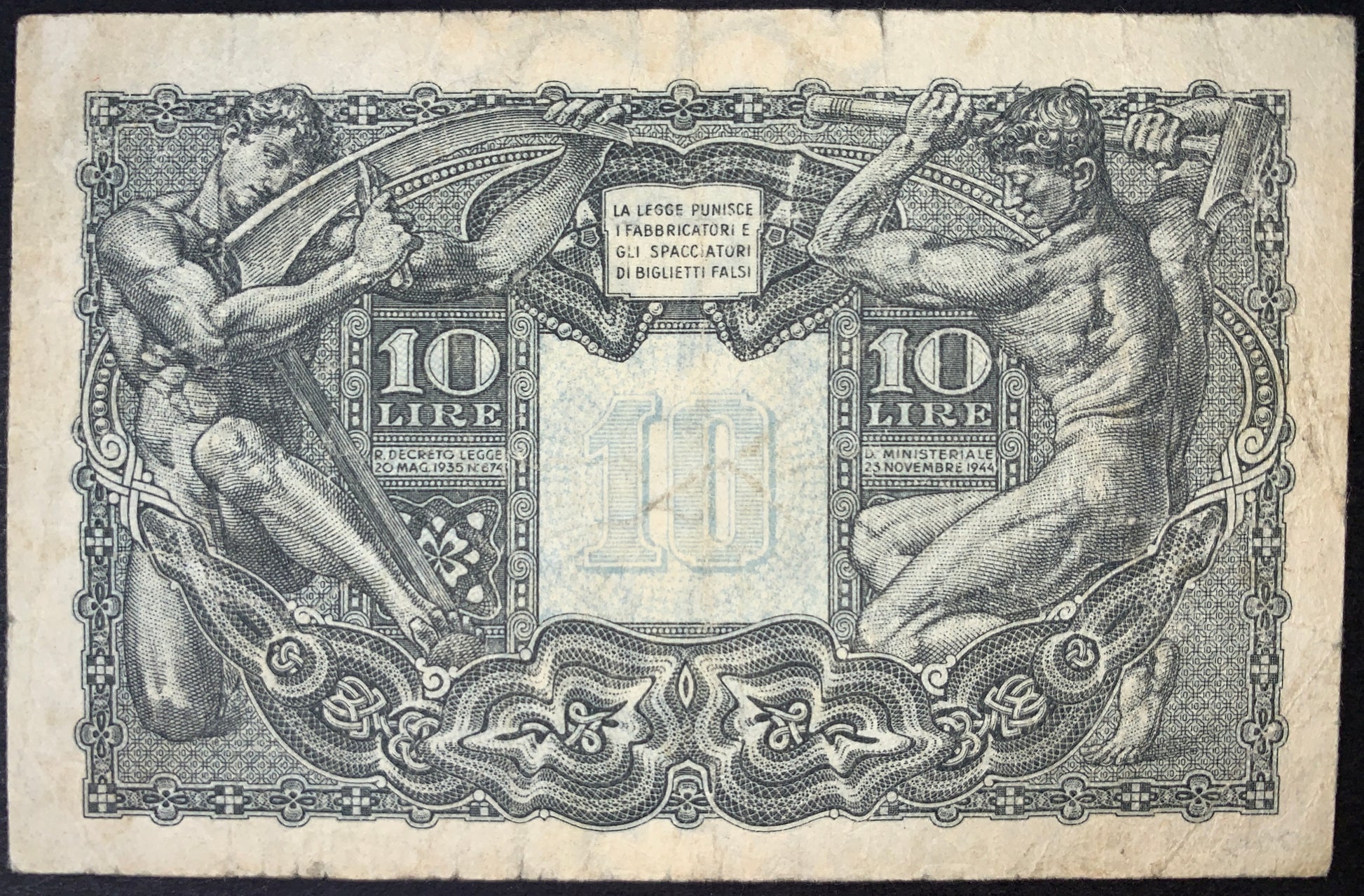 back of Italy 10 Lire 1944 P-32c F collectible vintage banknote with male figures representing Agriculture and Industry