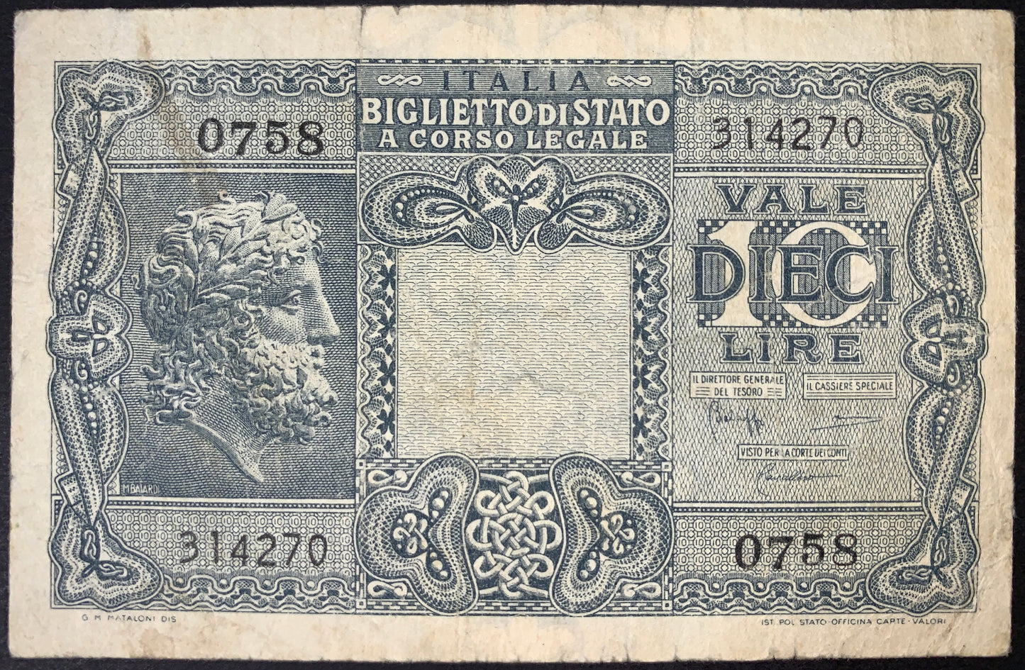 front of Italy 10 Lire 1944 P-32c F  collectible vintage banknote with portrait of Jupiter