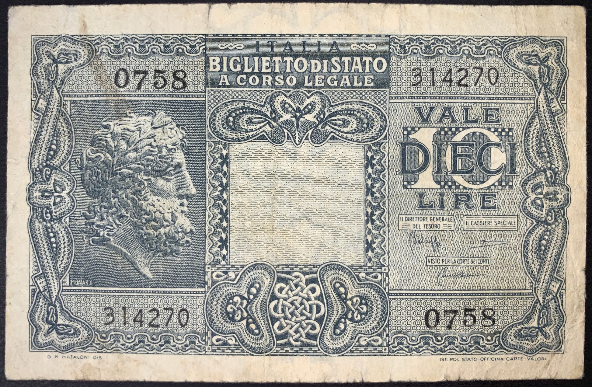 front of Italy 10 Lire 1944 P-32c F  collectible vintage banknote with portrait of Jupiter