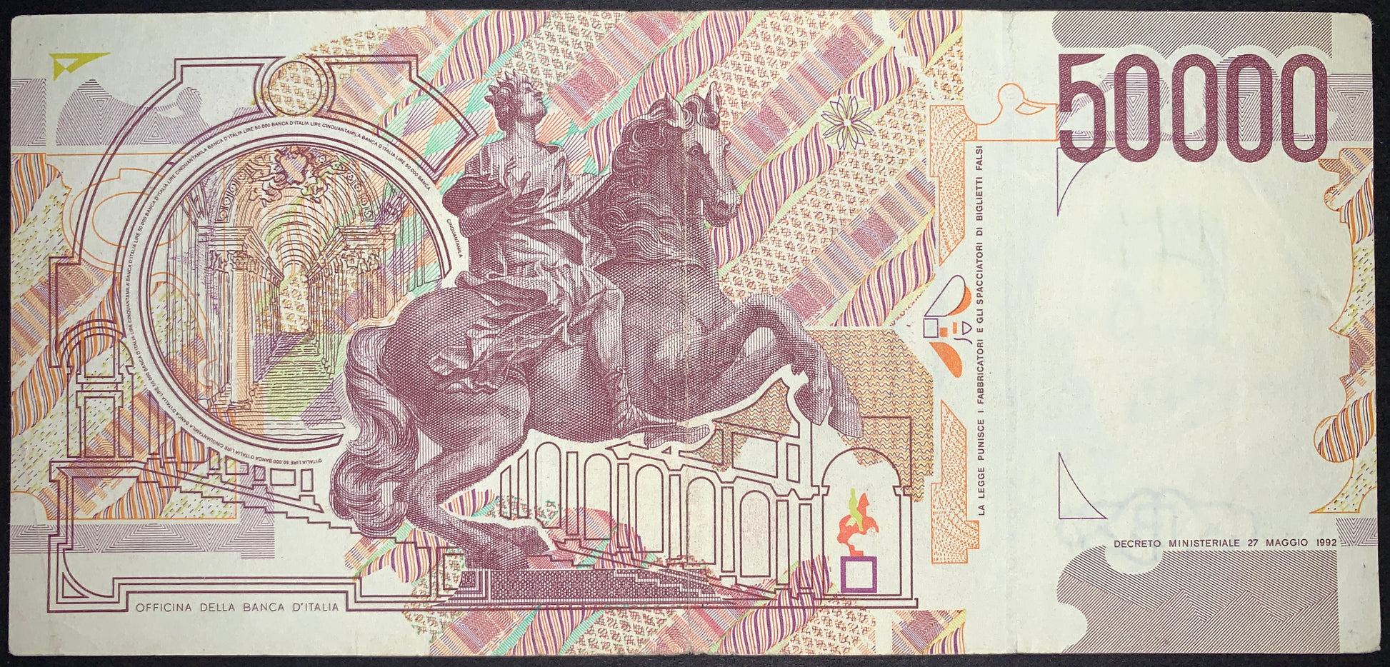 back of Italy 50000 Lire 1992 P-116a F+ collectible banknote featuring horse