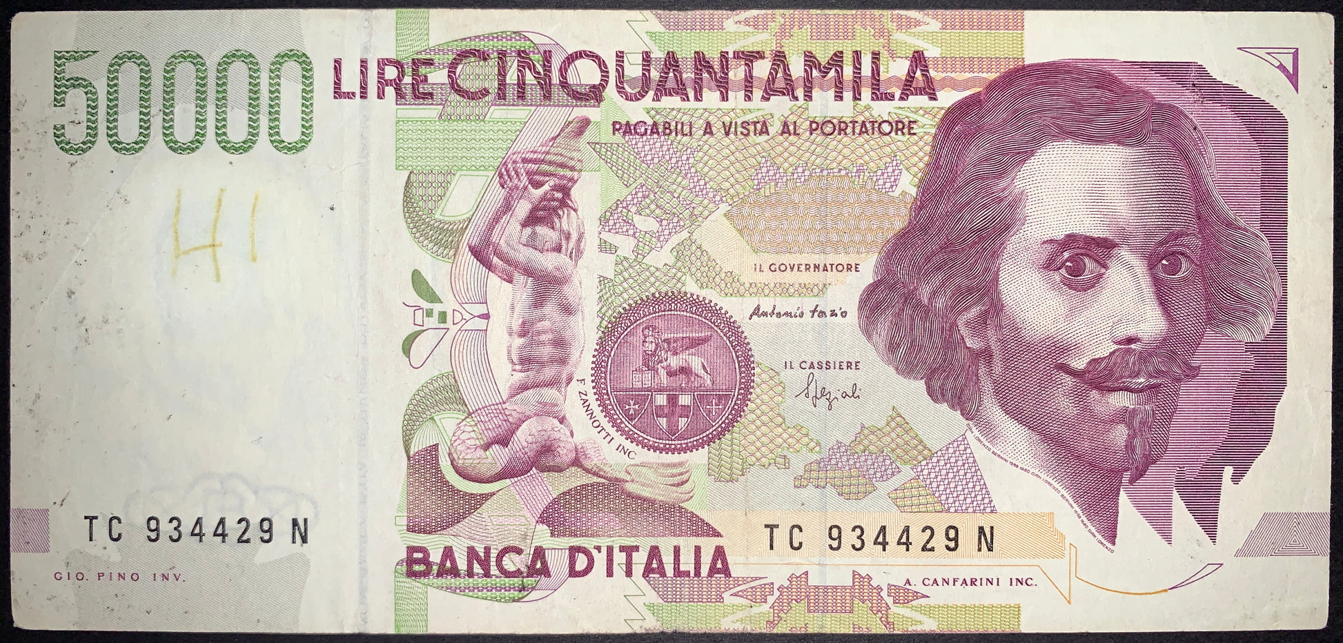 front of Italy 50000 Lire 1992 P-116a F+ collectible banknote featuring portrait of Bernini