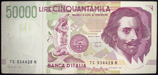 front of Italy 50000 Lire 1992 P-116a F+ collectible banknote featuring portrait of Bernini